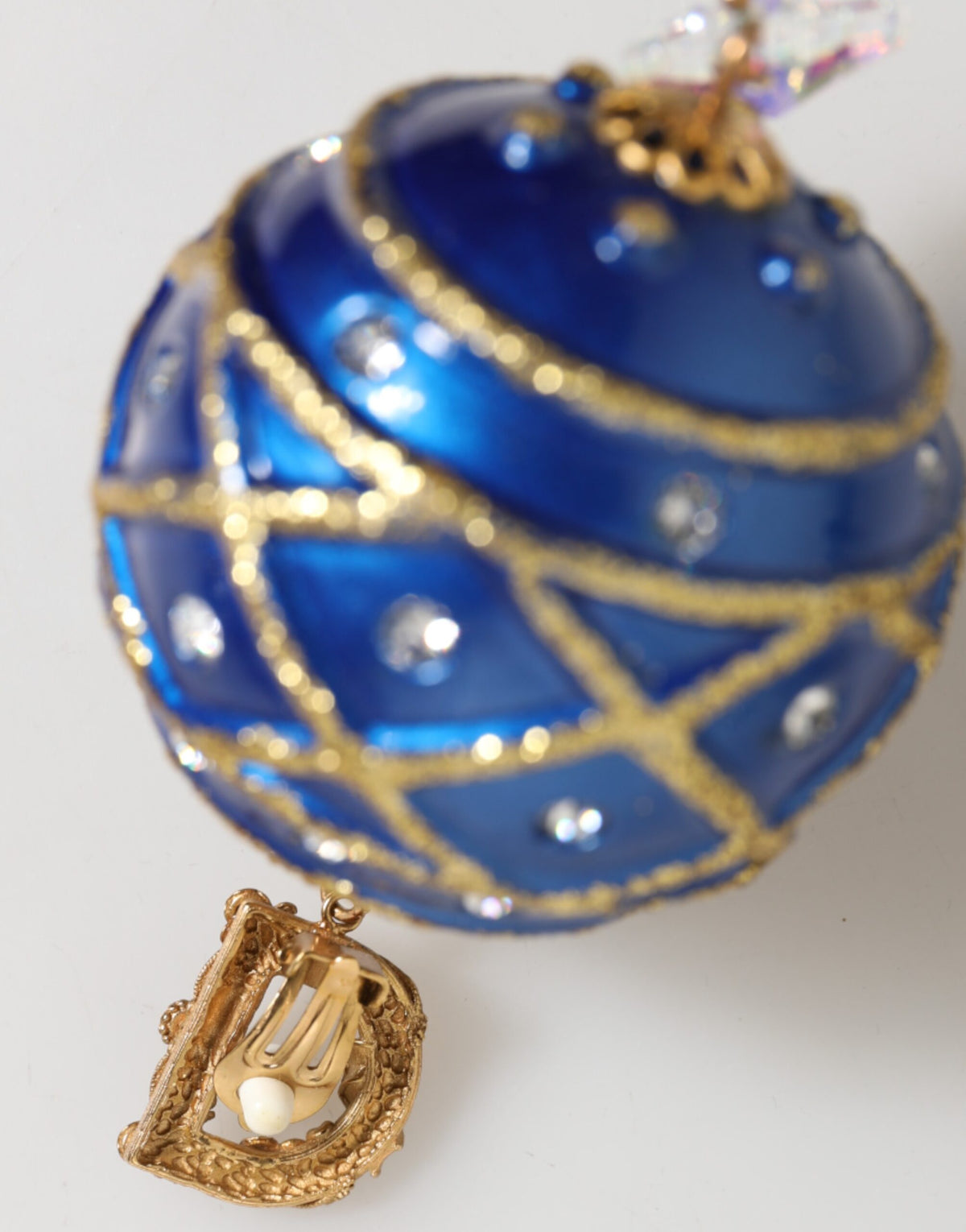 Dolce & Gabbana Gold Brass Blue Christmas Ball Crystal Drop Clip On Earrings
